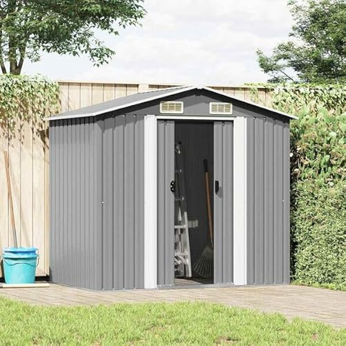 Abri de Jardin en métal Gris, 204 x 132 x 186 cm, abri à Outils en métal avec 4 Ouvertures de Ventilation, abri de Jardin en métal avec Plancher pour Le Rangement des Outils dans Le Jardin