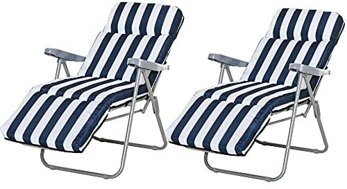 Outsunny 2 x Klappstühle Gartenstuhl Sonnenliege Armlehne klappbar 5 Positionen Auflage Blau 60 x 75 x 102 cm