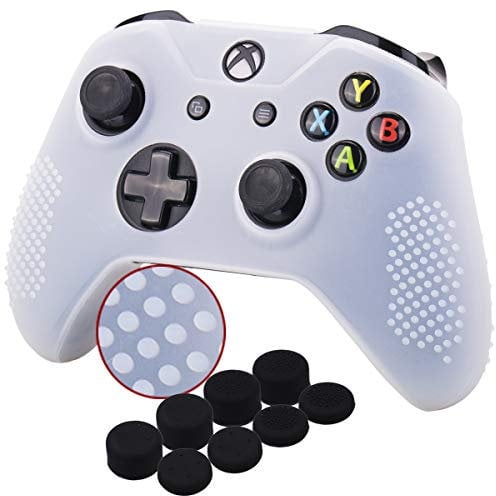 YoRHa Studded Silicone Cover Skin Case for Microsoft Xbox One X & Xbox One S controller x 1(white) With emoji Pro thumb grips 8 pieces