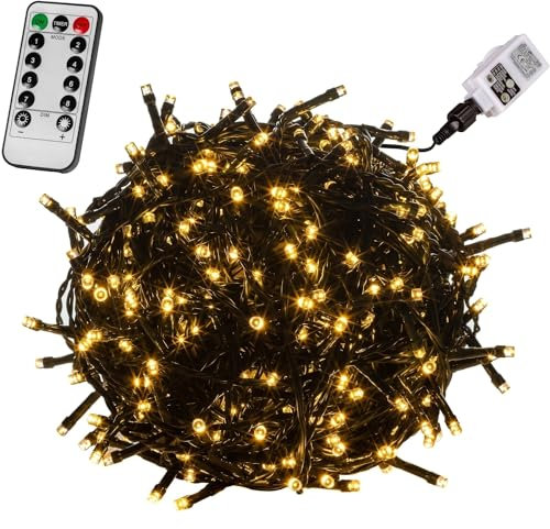 VOLTRONIC LED Lichterkette, IP44, Modell- und Farbwahl, 600 LEDs, Grünes Kabel, warmweiß, Fernbedienung