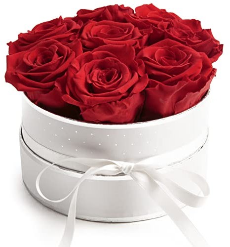 Infinity Rosenbox rund - Flowerbox 8 echte Rosen haltbar 3 Jahre Durchmesser 15 cm - Geschenk für Frauen (Medium, Weiß-Rot)