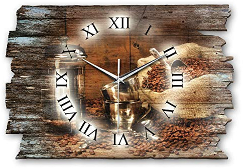 Kreative Feder Designer Wanduhr Kaffee aus Holz Größe 40x27cm - Wanduhr im Landhaus-Stil Shabby-Style Made in Germany leise ohne Ticken (Kaffee, leises Funkuhrwerk)
