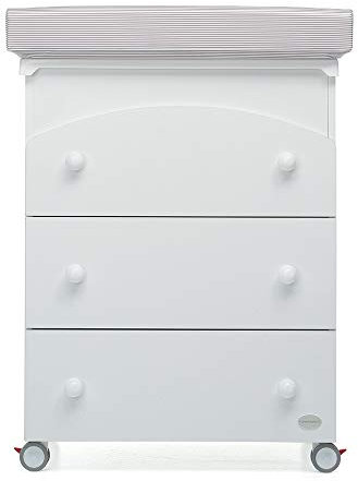 Foppapedretti Bagnetto Fasciatoio Patty, Legno, Made in Italy, 3 Cassetti, Piano Fasciatoio Ribaltabile, Vaschetta Anatomica Estraibile, 4 ruote, Materissani Incluso, 69x47x89 cm, Bianco