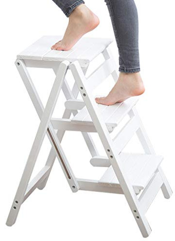XWZJY Subir Escalera Taburete de 3 peldaños Plegable Silla de escaleras Cocina casera de Doble Uso Interior Escalera de Madera Pedal Ancho Grueso para Adultos (Color: Blanco)