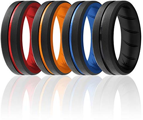 ROQ Silikon-Ringe, atmungsaktive Silikon-Gummi Eheringe für Männer, 8 mm Gravur, Duo, 4er-Pack Schwarz, Rot, Orange, Blau, Größe 15