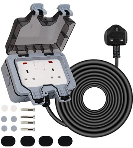 Weatherproof Outdoor Socket IP66 with 15M Extension Lead, Wall Electrical Outlets Box Switched Exterior Socket 13A with Indicator Light for Bathroom Garden Garage Yard (15M)