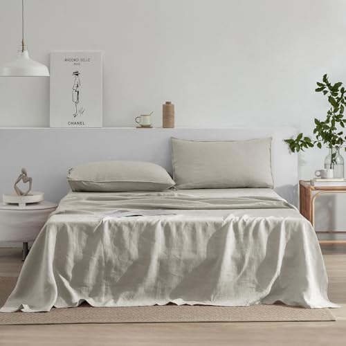 EVERLY Set di lenzuola in lino per letto matrimoniale, 100% lino francese stonewash, set di 4 pezzi (1 lenzuolo piatto, 1 lenzuolo con angoli, 2 federe), adatto per chi dorme caldo, set di biancheria