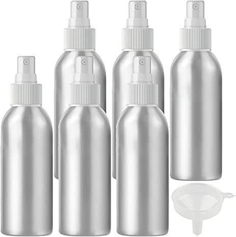 ZEOABSY Pack of 6 Empty 50ml Silver Aluminium Spray Bottle Refillable Aluminum Bottles with White Fine Mist Sprayer Metal Spray Bottles for Perfume Hair Garden Travel, Funnel