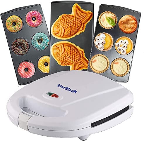 StarBlue Appareil Pour Petits Beignets, Tartes Et Quiches, Machine A Taiyaki, 3 En 1, Avec Plaque Amovible, 220-240 V CA, 50/60 Hz, 700-800 W, Blanc