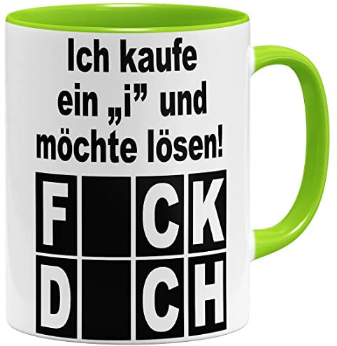 OM3® Ich kaufe ein i und möchte lösen - Fick Dich Tasse mit lustigem Spruch | Keramik Becher | 325ml | Beidseitig Bedruckt | Hellgrün