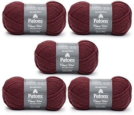 Patons Classic Wool Claret Yarn - 5 Pack of 3.5oz/100g - Wool - 4 Medium - 210 Yards - Knitting/Crochet