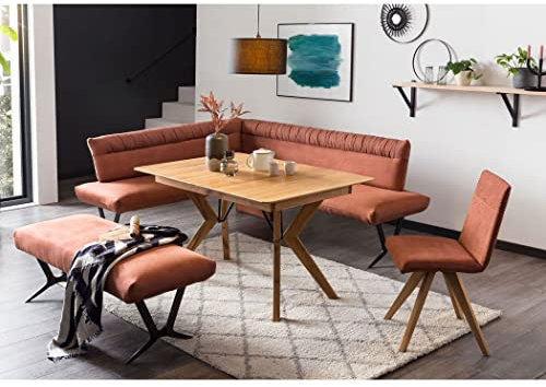 expendio Tischgruppe Esstisch Gerwin 1XL 130(180) x90 cm Eiche rustikal massiv + 2X Bank Gelia 2 + 1x Stuhl Gelia Bezug Kombi Picante, kurzer Schenkel bei Eckbank:Links