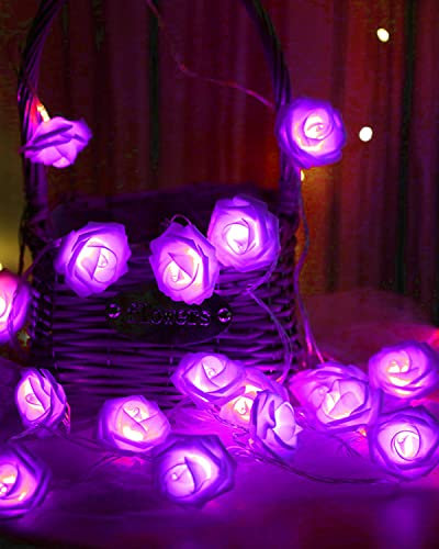 LED Purple Rose Flower String Lights, 14.7ft Light Up Romantic Rose Lights for Home Room Bedroom Decor, Battery Operated Fairy Lights for Birthday Party Baby Shower Wedding Christmas Decorations