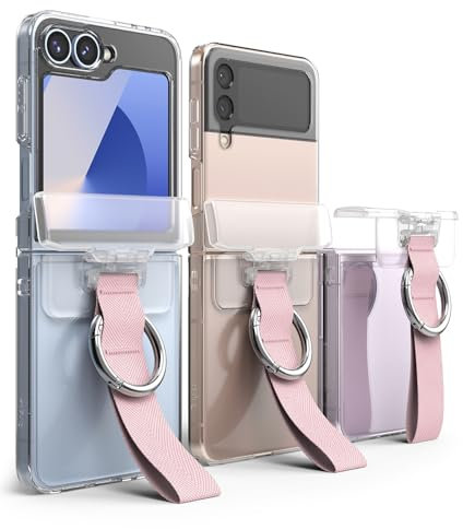 Ringke Hinge Cover Kompatibel mit Samsung Galaxy Z Flip 6/5 / 4/3 Hülle, Harte PC Transparente Scharnierschutz Eingebauter Gurtband und Karabinerhaken - Pink Sand