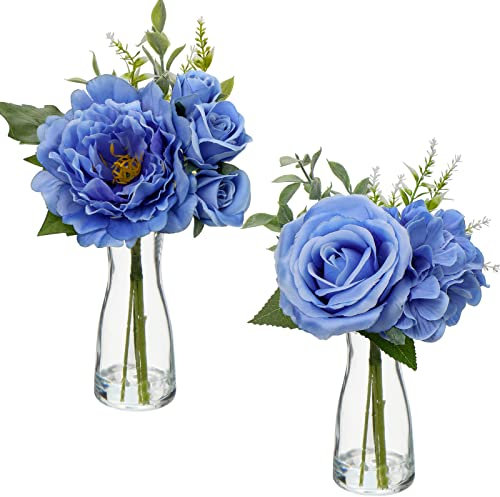 Hollyone 2pcs Artificial Flowers with Glass Vase, Realistic Roses Peonies Hydrangeas Mixed, Blue Fake Flowers in Vase with Faux Water for Wedding Centerpiece Home Decor Office Party Desk Decorations