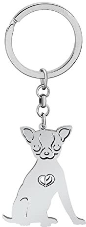 NEWEI Edelstahl Hund Schlüsselanhänger Cute Pet Hund Schlüsselanhänger für Frauen Mädchen Geldbörse Autoschlüssel Charms (Versilberter Chihuahua)