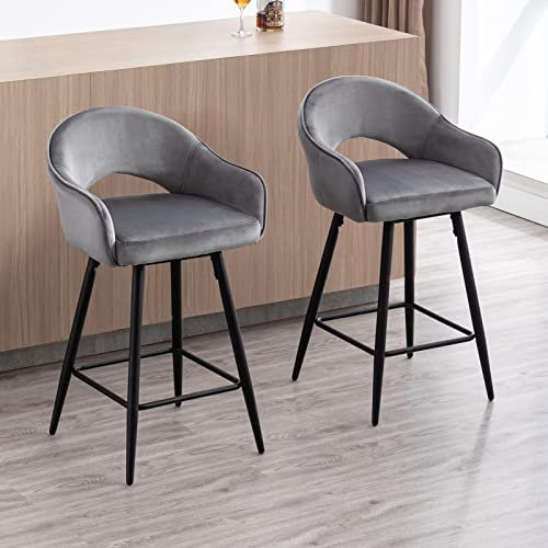 Wahson Samt Barhocker 2er Set 360°drehbar Barstuhl Bistrohocker mit Rückenlehne, gepolsterte Küchenhocker Thekenhocker mit Metallbeine für Hausbar/Kücheninsel, Grau