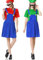 Super Brothers Cosplay Kostüme für Erwachsene Kinder, Halloween Carnival Cosplay Kostüm, Cosplay Kostüm mit Hut und Schnurrbart für Herren Damen Jungen Mädchen, Damen Grün, M