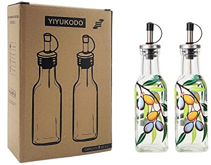 YIYUKODO 7oz Hand Painted Glass Olive Oil Bottle Dispenser - 200ml Green Oil & Vinegar Cruet with Pourers - Olive Oil Carafe Decanter for Kitchen