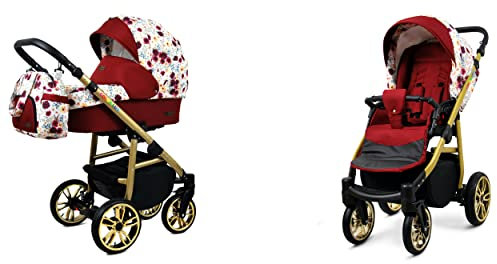 BabyLux Color Lux 2-in-1 Baby Kinderwagen Tief und Kinderwagen mit Zubehör Verstellbar und faltbar Aluminiumkonstruktion Wasserdichte Nicht abnehmbare Räder Meadow Flowers On White Gold Frame