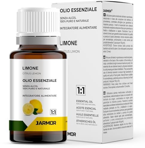 Olio Essenziale di Limone 100% Puro - Naturale, Adatto per Aromaterapia, Uso Alimentare, Drenante e Snellente, Ideale per Massaggi Rassodanti e Capelli Grassi (LIMONE)
