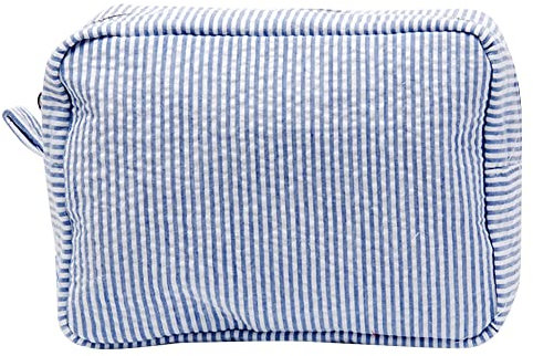 Seersucker Trousse de maquillage pour femme - Trousse de toilette de voyage à rayures - Grande trousse de maquillage en mousseline de soie à bulles - Pochette de rangement esthétique - Jolie trousse
