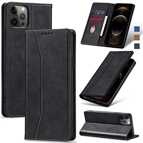 Jasonyu Handyhülle für iPhone 12 Pro Max Hülle Leder Flip Klappbare Stoßfeste Magnetische Premium PU Leder Standfunktion Kartenfächern Schutzhülle Klapphülle,Schwarz