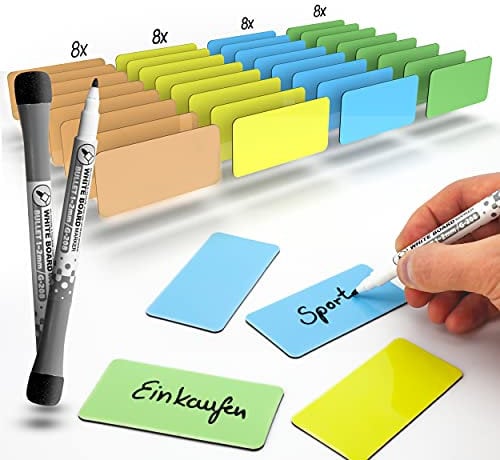 BLAUFUCHS Magnetstreifen beschreibbar Inkl. 2 Marker – 32 Stück (4 Farben) - 80x40 mm Magnetschilder zum Beschriften Magnet Etiketten beschreibbare Magnete zum Beschriften für Whiteboard und Kanban