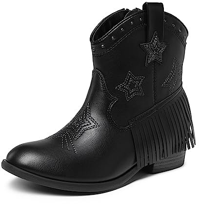 DREAM PAIRS Kids Stivaletti Western Cowboy Ragazze Scarpe Equitazione Cerniera Laterale e Nappa per Bambini Piccoli/Grandi Stivali,Size 31,Nero,SDBO2302K