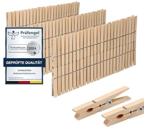 150 x Wäscheklammern Holz groß VonBueren | Holzklammern aus nachhaltigem unbehandeltem Birkenholz | Holzwäscheklammern auch zum Basteln