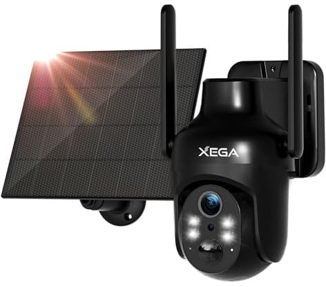 Xega Wi-Fi Telecamera Solare Esterno Senza Fili, HD PTZ Telecamere con Pannello Solare Batterie, Visione Notturna a Colori, Rilevamento Umano PIR, Audio a 2 Vie, IP66, 2,4GHz
