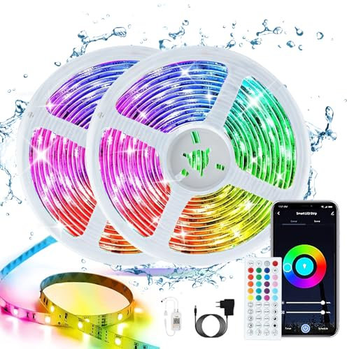 CILIENG Wasserdichter LED Streifen 20M, IP65 Wasserdichter RGB Mehrfarbig LED Selbstklebend Lichtband 16 Mio.Farben, Sync mit Musik, LED Leiste mit Fernbedienung und APP, Ideal für Halloween Deko