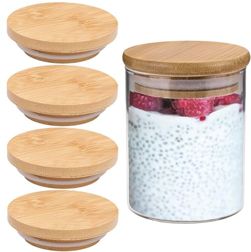 JWDREAMWAY 4 Pack Bamboo Lids for Regular Mouth Mason Jar Storage Canning Jar Lids Ball Jars Lids Wooden Mason Jar Lids(Jars and straw not included)