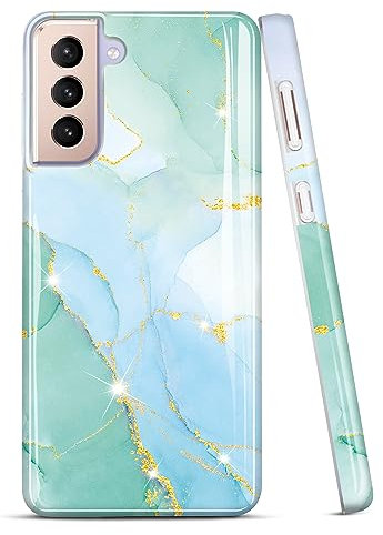 JIAXIUFEN Schutzhülle für Samsung Galaxy S21 5G, 15,7 cm (6,2 Zoll), goldfarben, glitzernd, Marmor, dünn, stoßfest, TPU, weiches Gummi-Silikon, Hellgrün
