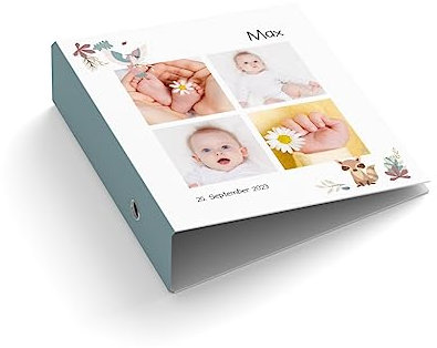 Ringordner | Ordner | personalisiert mit Fotos + Text | Vogel & Fuchs | Mit Griffloch | für DIN A4 | 7,4 cm breit | Baby | Geburt | Famiily Love