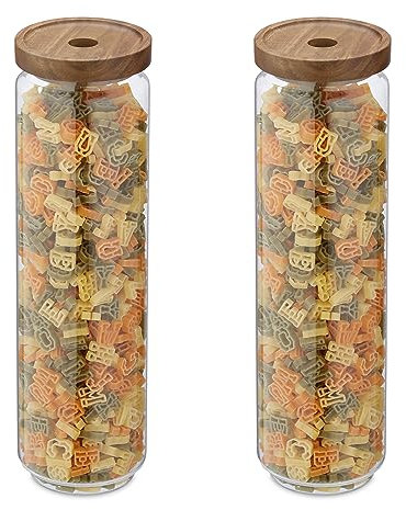 Relaxdays Botes Cristal con Tapa Madera, Set 2, Cierre Giratorio, 1500 ml, Recipientes Pasta Vidrio, Marrón/Transparente, 31 x 8.5 x 8.5 cm