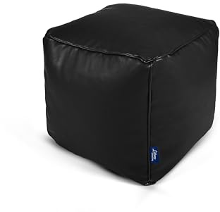 Littens Black Soft Faux Leather Square Cube Footstool Ottoman Pouffe Bean Bag, Living Room Decorative Seat, Piped Detailing (41cm x 41cm x 41cm)
