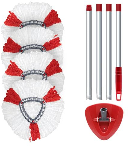 Spin Mop Head Replacement Set Compatible with Vileda Turbo Microfibre Mop Height Adjustable Mop Handle with Spin Mop Head, Base,4 Microfiber Mop Pads