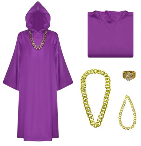 Mens Shadow Wizard Costume Money Gang Robe Cosplay Cloak with Chain Ring Halloween Gang Outfit, Purple, Small(Height:63-67in)