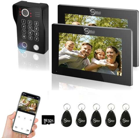 Interphone vidéo 2 unités, écran tactile 7 pouces avec système de sonnette filaire 1080P, prend en charge les empreintes digitales, carte RFID, détection de mouvement par mot de passe, noir