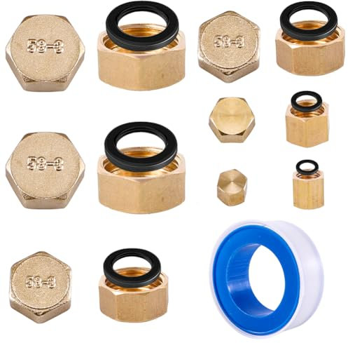 Messing Kappe, 12 Stück Verschlussstopfen Messing, 1/2 3/4 1/8 1/4 Zoll Gewindekappe Messing mit Schlauchunterlegscheiben, Innengewinde Blindstopfen für Heizung und Trinkwasseranlage Geeignet