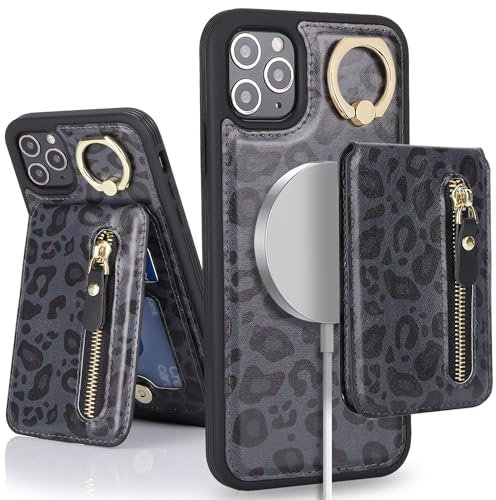 SailorTech iPhone 12 Pro Max Phone Case with Card Holder, iPhone 12 Pro Max Case Magsafe Ring Stand with Kickstand Card Slots Wallet Detachable 2-in-1 Zipper Case - Black Leopard