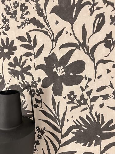 NEWROOM Papier peint Noir Fleur Intissé - Floral Beige Gris Fleurs Feuilles Romantique