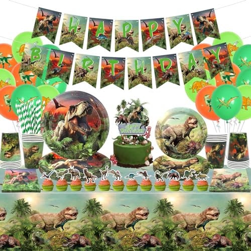 Dinosaur Birthday Party Decorations, Dinosaur Party Supplies, Including Happy Birthday Banner, Cupcake Toppers, Balloons, Tablecloth, Plate, Tablewares for Kids, Boys, Girls, Serves 20 (Banner)