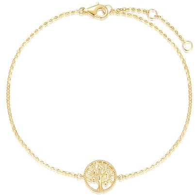 FANCIME Lebensbaum Armband aus Solide 14 Karat 585 Gelb Gold 10mm Durchmesser Anhänger Armband Einfacher Minimalistischer Geschenkschmuck für Damen Mädchen, Armbandlänge: 17+3 cm
