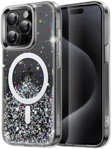JETech Glitter Case for iPhone 15 Pro Max 6.7-Inch Compatible with MagSafe, Clear Cute Bling Sparkle for Women and Girls, Shiny Shockproof Magnetic Sparkly Phone Cover (Black Titanium)