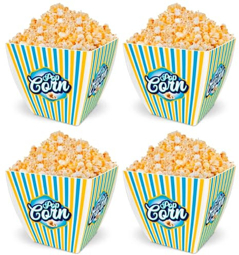 Tradineur - Pack de 4 Boles de Palomitas Cuadrados - Plástico Resistente - Recipiente Reutilizable - Cine en Casa - 18 x 20 x 20 cm - Amarillo y Azul