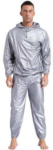 renvena Traje de sauna para hombre para adelgazar, traje de sudoración de dos piezas, sudadera de manga larga, chaqueta con capucha, pantalones deportivos, jogger para hombre, Plata con rayas, XXL