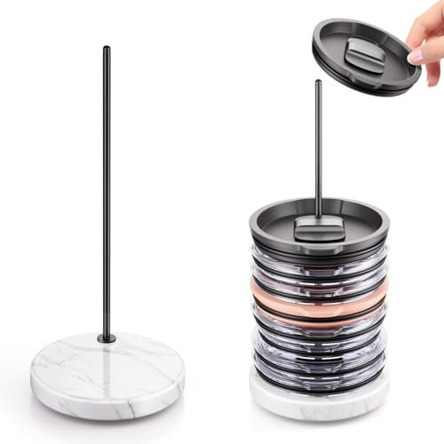 FunViet Tumbler Lid Organizer with Marble Base for Stanley /Yeti Tumbler,Space-saving Vertical Cup Lid Stacker Storage Design for Up to 10 Lids,Clutter-Free Kitchen Cabinets and Countertops (Black)