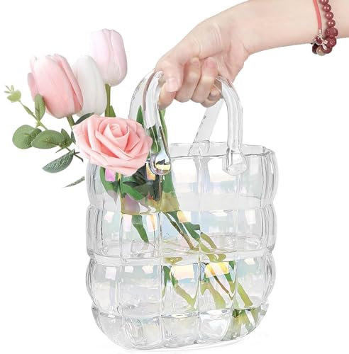 Duscdesp Vase Glas Handtasche Groß, Klare Vasen Bunt Handgemachte Blumenvase, Dekorative Glasvase Gross Vase Aesthetic, Tasche Glasvasen mit Griff für Langstielige Blumen, Obst, Kleine Fische